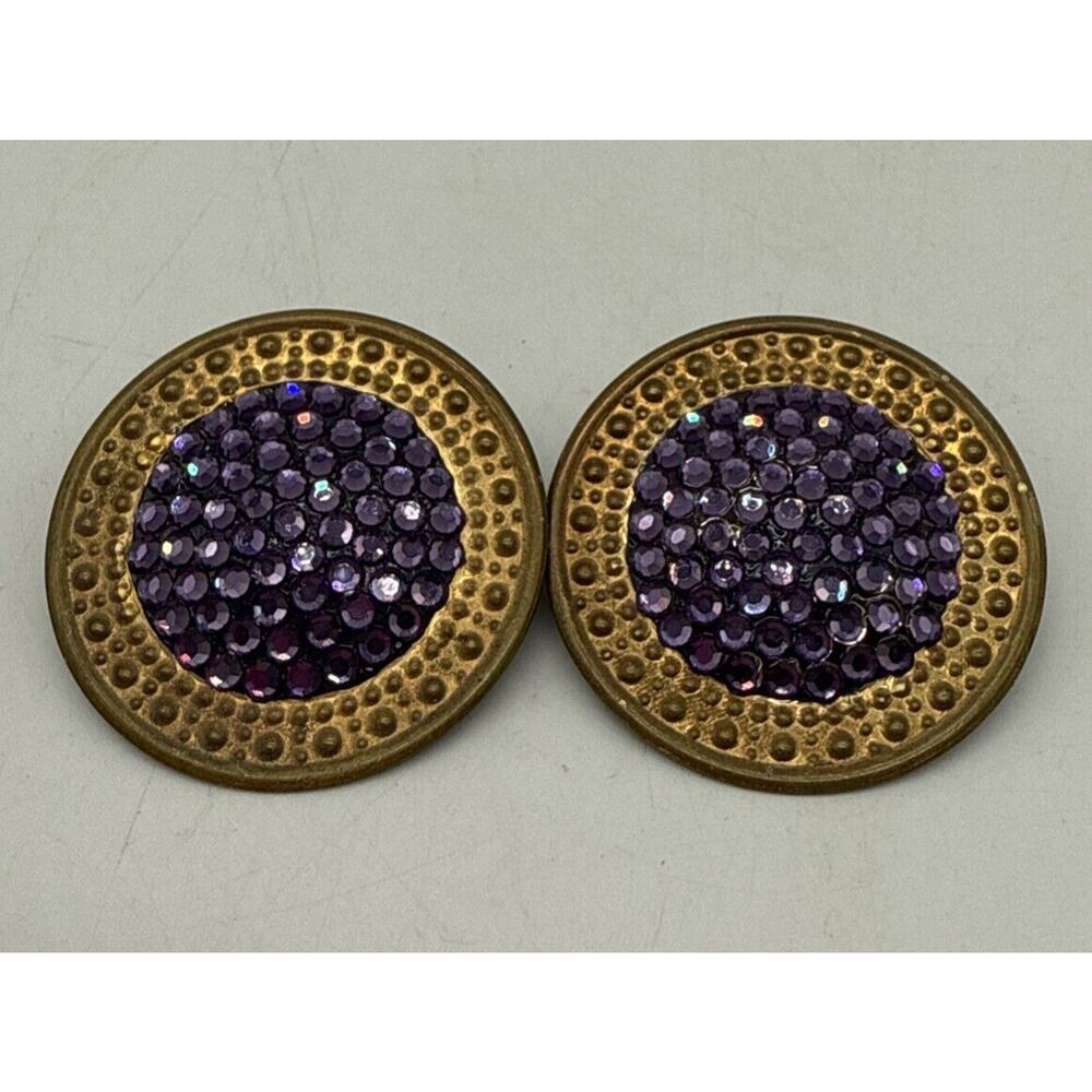 Vintage RICHARD KERR Goldtone Paved Purple Rhinestone Crystals Clip On Earrings